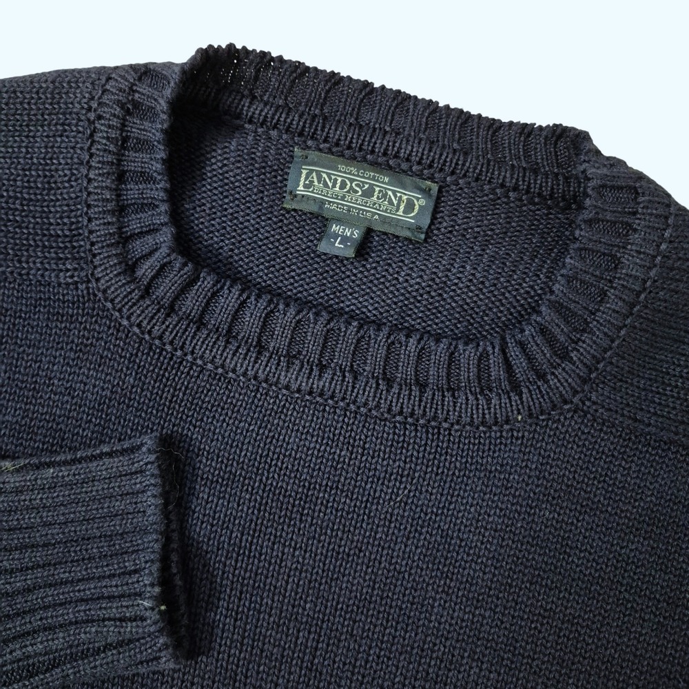 Lands End Drifter Sweater Mens L Navy Blue Cotton Shaker Knit Vintage 90s USA